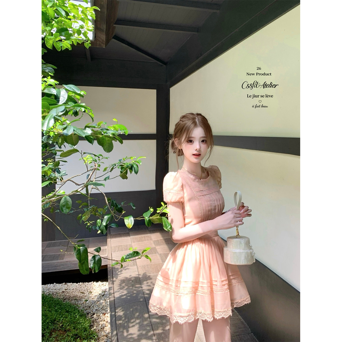 迟伞伞26/ss 初见桃桃 桃粉色蕾丝拼接无袖/短袖蓬蓬连衣裙短裙