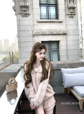 迟伞伞26/ss 甜杏杏子 定染纱线杏粉蝴蝶结针织上衣短裤温柔套装