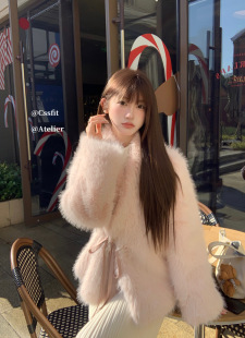 柔雾粉皮质系带毛毛环保皮草外套女冬季 迟伞伞 草莓烤奶