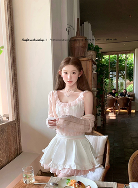 迟伞伞 25/ss 甜文体验卡 纯棉粉蕾丝吊带上衣双层蓬蓬短裙套装女