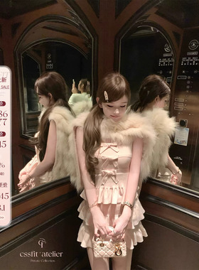 迟伞伞26/ss 山茶gift ch25 粉色吊带针织蛋糕裙连衣裙 长/短款