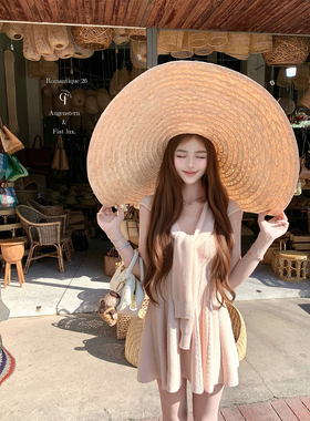 迟伞伞26/ss 野桃和风 假两件披肩粉色针织裙春季修身显瘦连衣裙