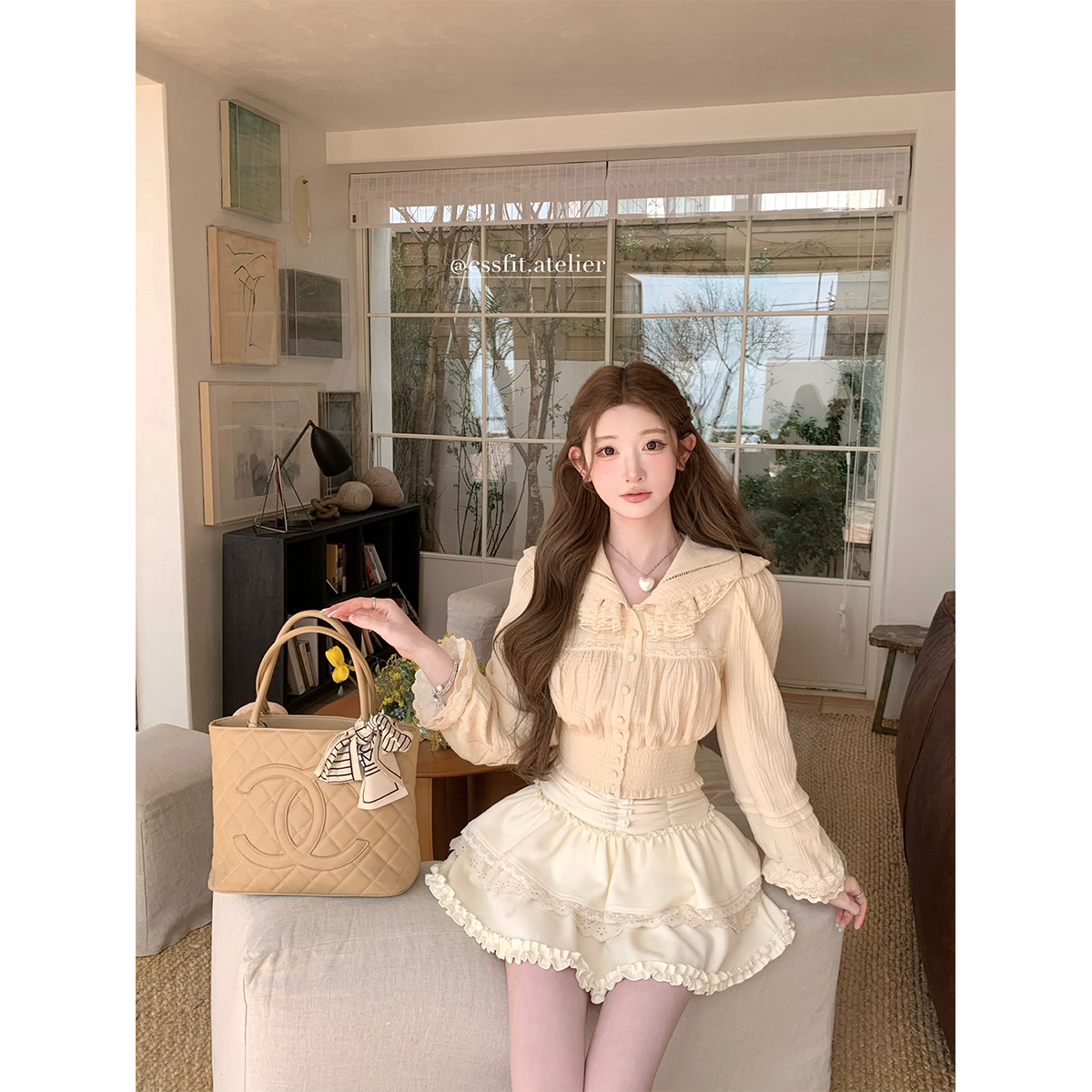 迟伞伞奶油杏宫廷风长袖衬衫半裙