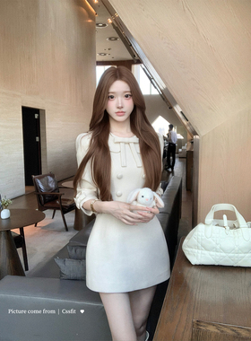 迟伞伞26/ss牛奶酒酿 奶油彼得潘翻领蝴蝶结双排扣收腰连衣裙女