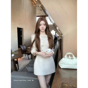 奶油彼得潘翻领蝴蝶结双排扣收腰连衣裙女 牛奶酒酿 迟伞伞25