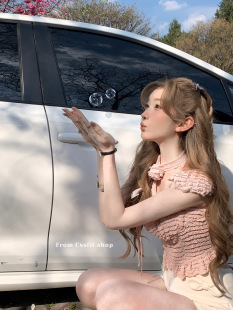 夏日静香 双版 手工蕾丝网纱拼接花朵泡泡袖 上衣 本女 短款 迟伞伞