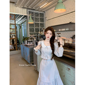 半裙长裙显白套装 迟伞伞 蓝衬衫 娃娃领拼接纯棉长袖 女 首尔转校生