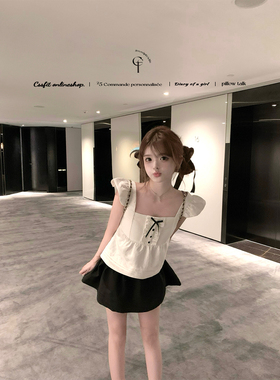 迟伞伞 25/ss 云端曲奇 小飞袖蝴蝶结方领泡泡上衣蓝色短裙套装夏