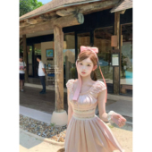 迟伞伞 粉色蕾丝拼接收腰蓬蓬连衣裙甜美短裙 草莓巴巴露亚