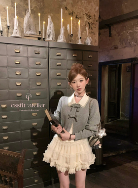 迟伞伞26/ss 月光玛德琳 假两件蕾丝蝴蝶结翻领羊毛针织衫短上衣