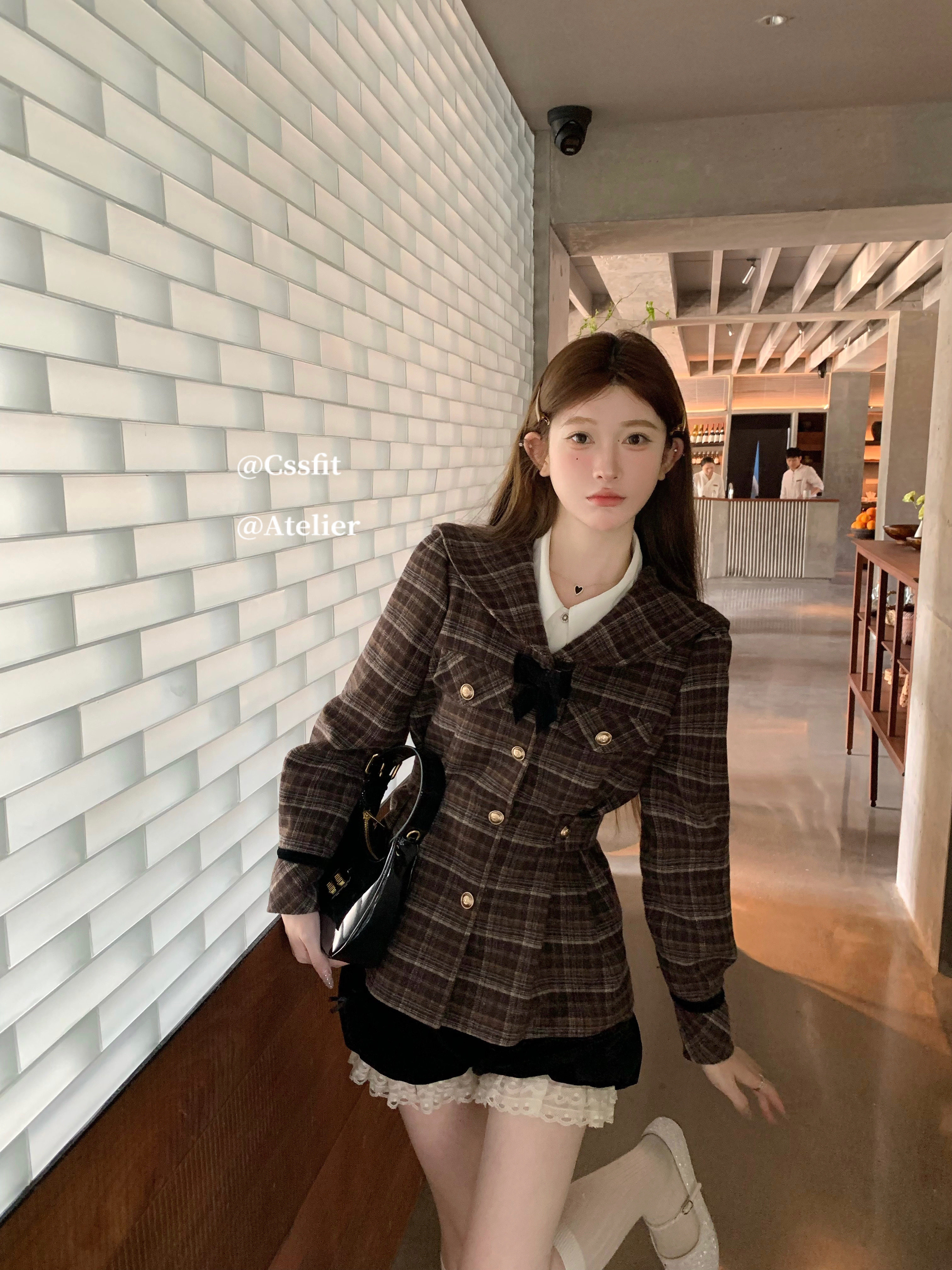 迟伞伞蝴蝶结格纹收腰羊毛呢外套