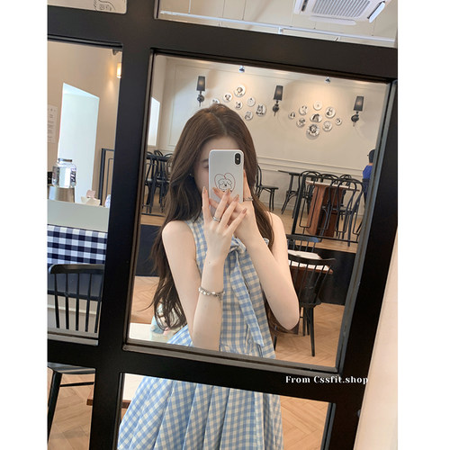蓝白格纹小飞袖上衣+连衣裙