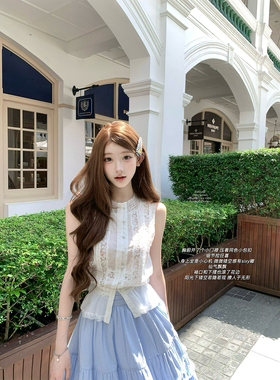 迟伞伞26/ss 白梨水 手工镂空天丝拼接上衣蓝条纹木耳边半裙套装