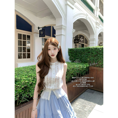 迟伞伞手工镂空天丝拼接上衣