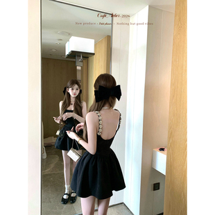 迟伞伞26/ss 暮色钻光 钉钻黑色露背miu系连衣裙女收腰显瘦吊带裙