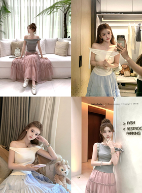 迟伞伞26/ss 松弛空气 斜肩蝴蝶结两色棉质上衣tee光泽感长裙套装