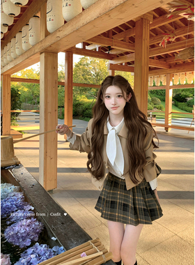 迟伞伞26/ss 伯爵茶饼干 短款风衣兔耳朵白衬衫格子百褶裙套装