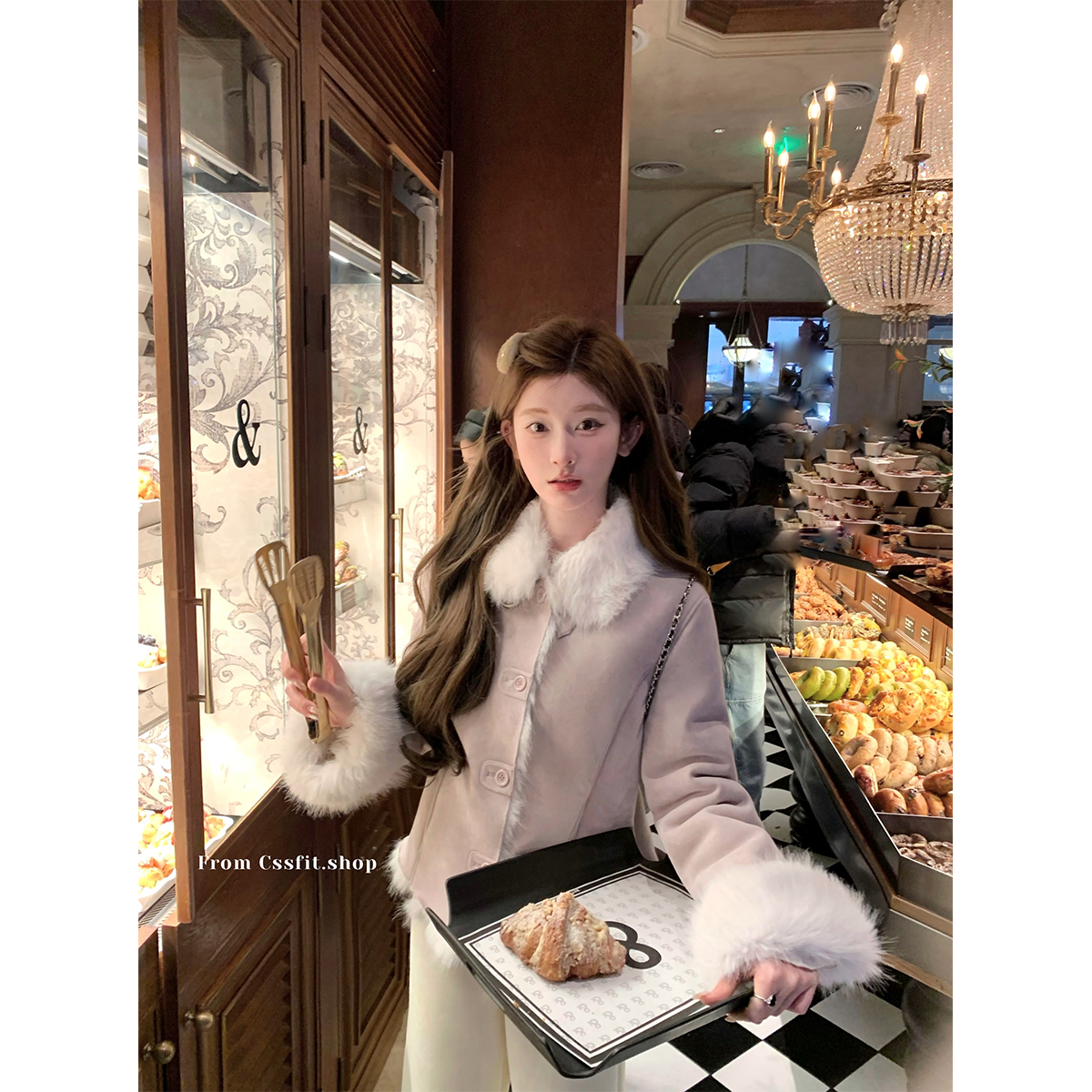 迟伞伞皮毛一体麂皮外套