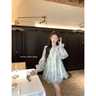 蓝风铃碎花气质A字连衣裙短裙夏 仙女轻中式 迟伞伞 微光摩洛哥