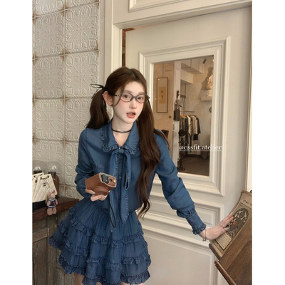 迟伞伞牛仔长袖衬衫甜美气质