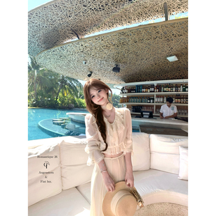 迟伞伞26/ss 月影檀木 雪纺花朵木耳边薄款v领蕾丝衬衫长裙套装