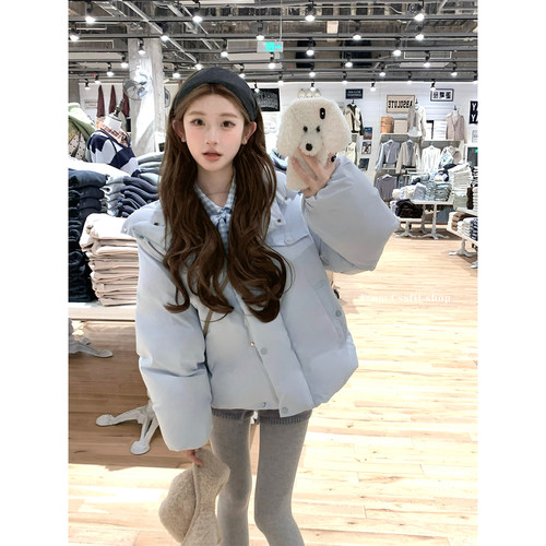 迟伞伞冰川蓝90白鸭绒短款羽绒服