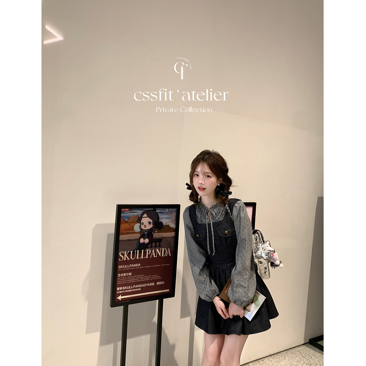 迟伞伞 古董千金 波点花边系带衬衫牛仔蝴蝶结棉质背心裙短裙女