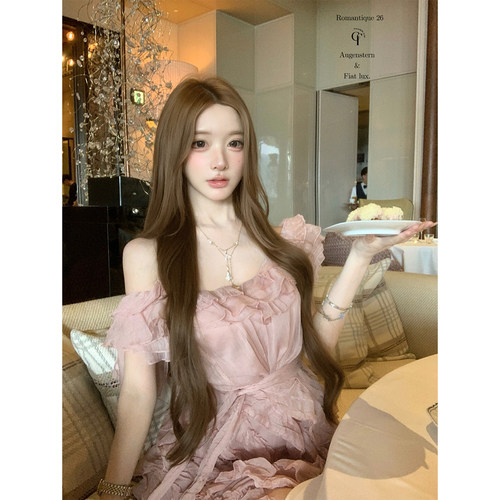 迟伞伞26/ss玫瑰暮色 法式少女荷叶边短裙干枯玫瑰昙花斜肩连衣裙