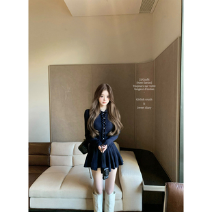 藏青色miu系彼得潘领领蝴蝶结针织衫 优等生公式 半裙 迟伞伞25