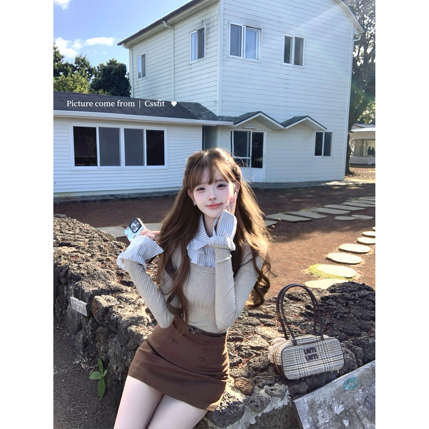 迟伞伞假两件条纹撞色拼接上衣