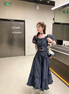 迟伞伞 25/ss 蓝岛之恋 系带上衣蝴蝶结半身长裙深牛仔蓝色套装女