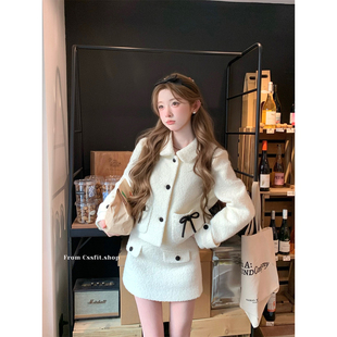 女 蝴蝶结撞色颗粒感羊毛外套半裙短裙千金感套装 迟伞伞 巴黎甜心