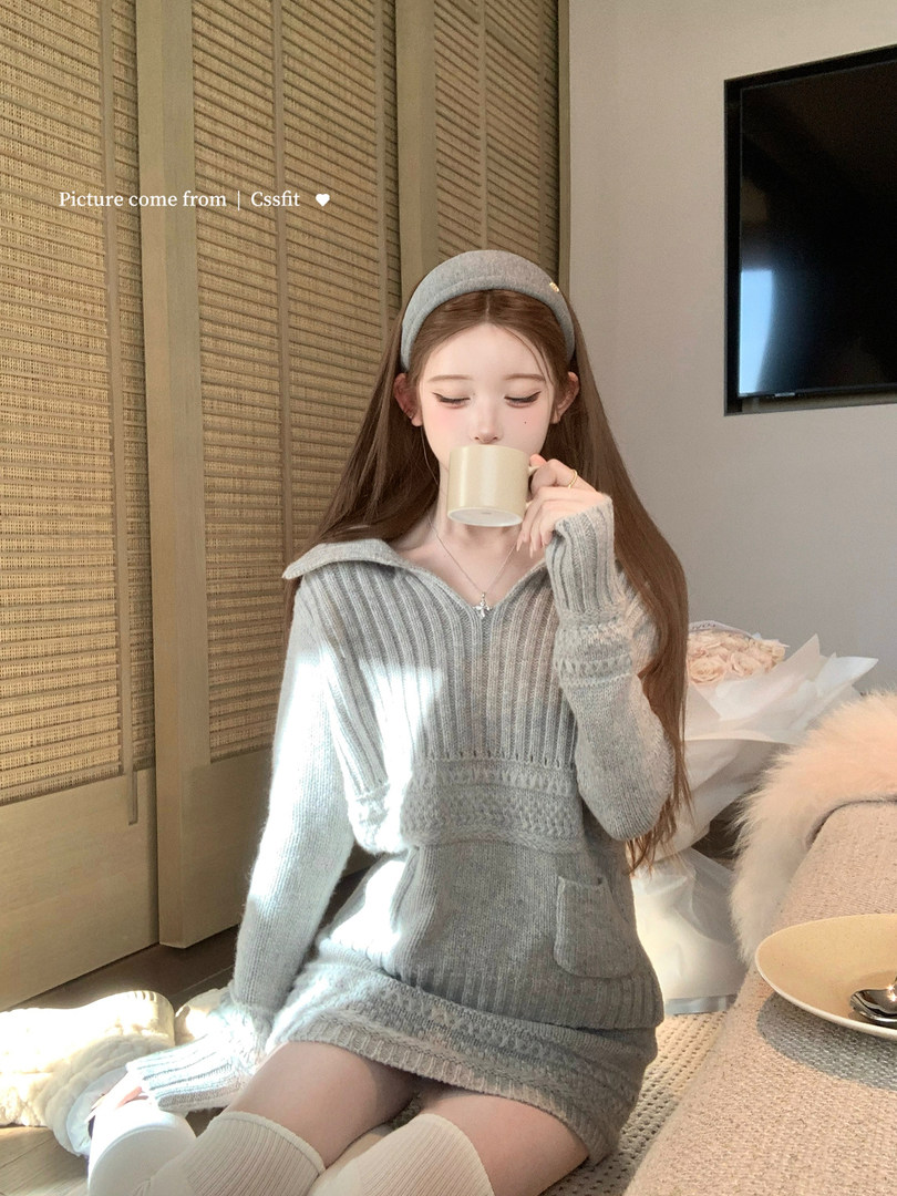 Gray knit loungewear set worn by a model indoors