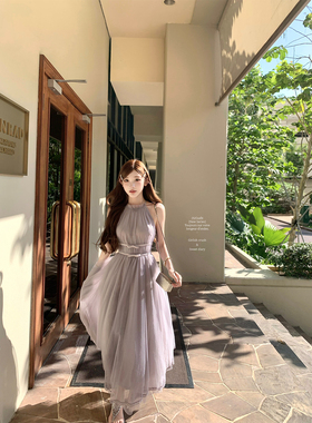 迟伞伞25/ss Sorbet微醺长款加色！裸粉雾紫色挂脖不规则连衣裙