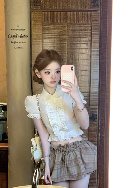 迟伞伞26/ss dating日 花朵翻领花边短袖衬衫格纹花苞系带裙裤