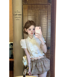 格纹花苞系带裙裤 dating日 衬衫 花朵翻领花边短袖 迟伞伞26