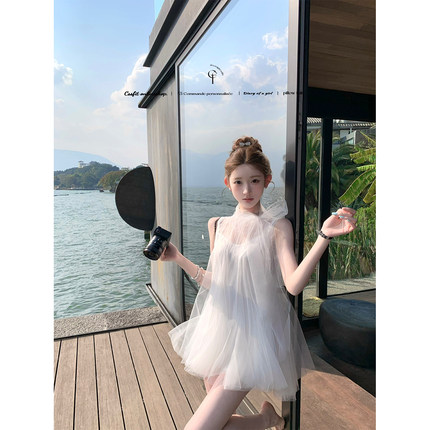 迟伞伞 25/ss 科莫湖假日 Jory*超仙蝴蝶结网纱连衣裙无袖长袖裙