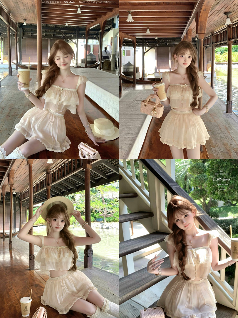 Model wearing a cream ruffled two-piece outfit in a resort setting