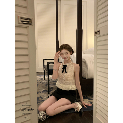 迟伞伞欧根纱丝绒蝴蝶结无袖上衣