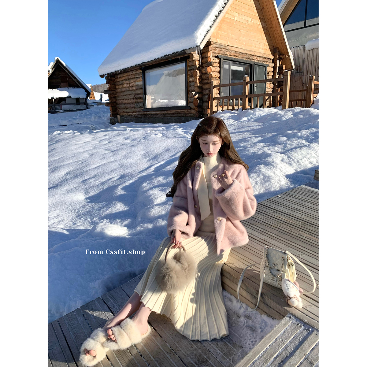 迟伞伞粉皮草外套&系带针织裙