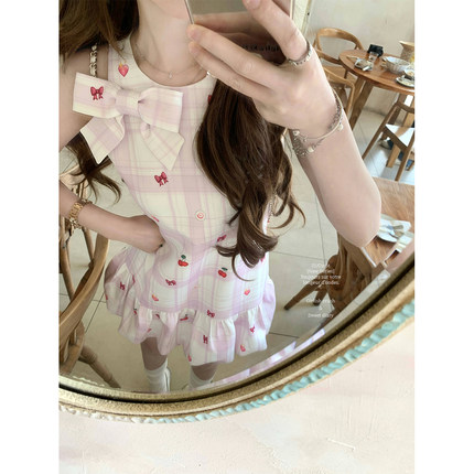 迟伞伞25/ss cherry soda泰兰德emoji合作款粉格印花无袖连衣短裙