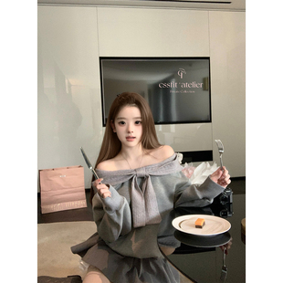 迟伞伞26/ss 白巧情人 thetis蝴蝶结露肩卫衣蛋糕卫裙套装/两色