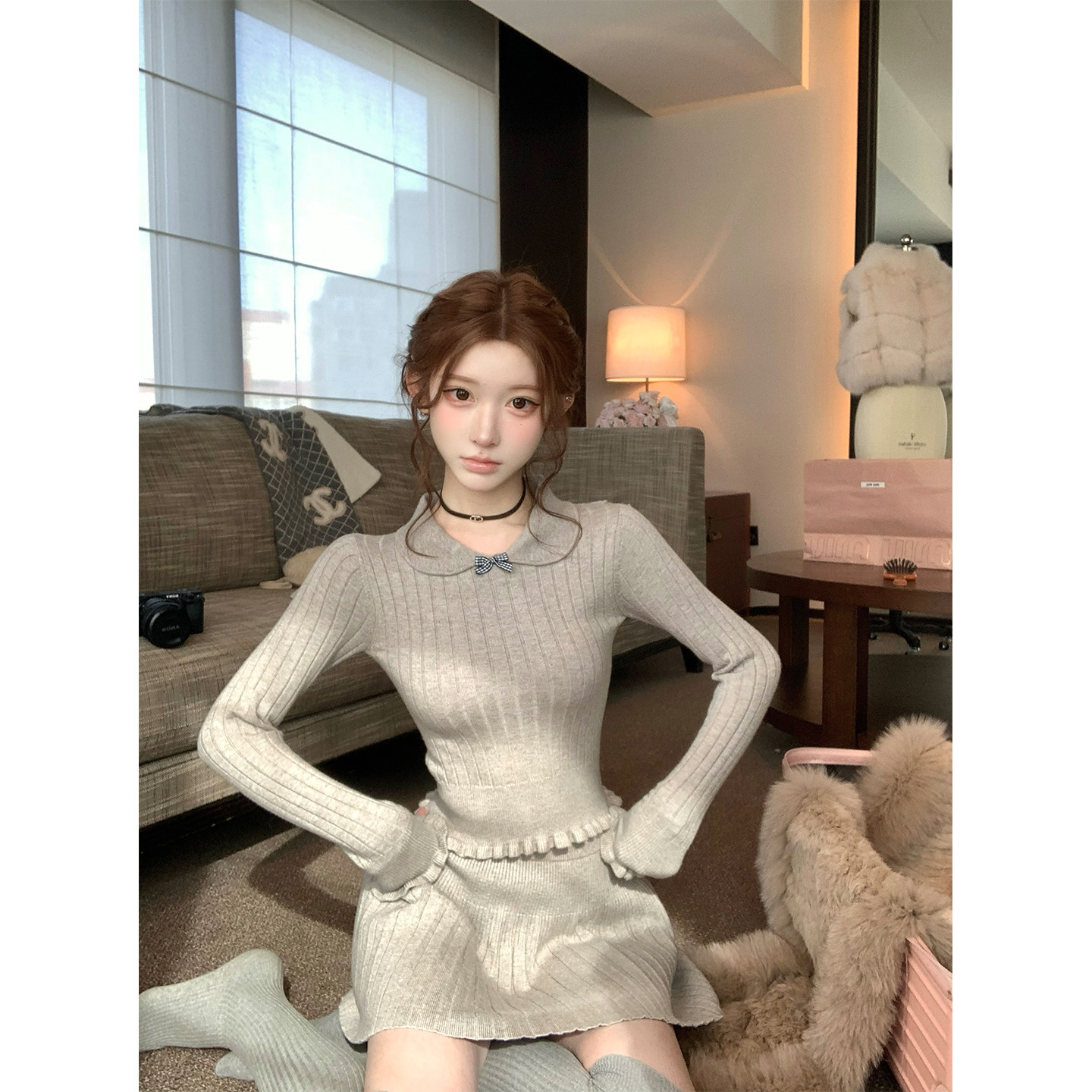 迟伞伞26/ss 灰色风信子 彼得潘领蝴蝶结针织上衣百褶半裙套装