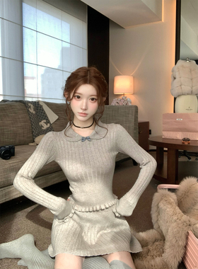 迟伞伞26/ss 灰色风信子 彼得潘领蝴蝶结针织上衣百褶半裙套装