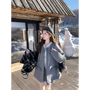 女 迟伞伞 灰调美学 手工双面羊毛呢外套花边半裙tb连帽针织衫 套装