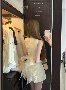 迟伞伞26/ss 初夏耳语 jory*后背系纱白色无袖背心裙气质收腰短裙