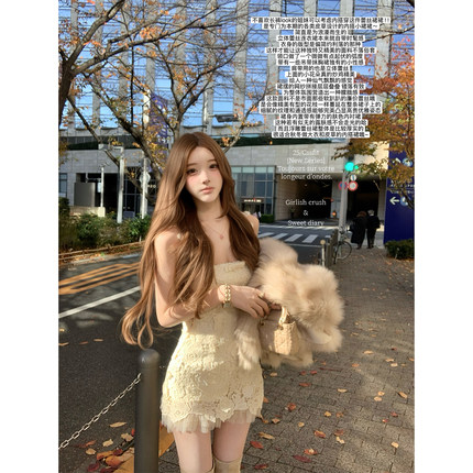 迟伞伞25/fw天鹅绒冬雾 冬日内搭王者 蕾丝吊带蝴蝶结拼纱连衣裙