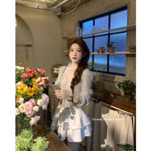 迟伞伞 毛衣穿绳系带白色蛋糕裙 少女香气 杂灰色羊毛两穿短款