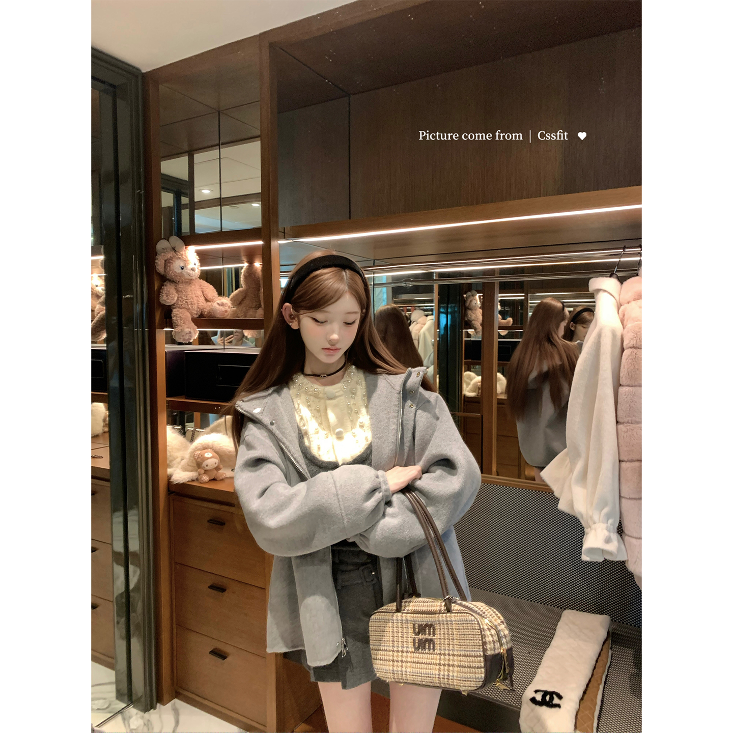 迟伞伞连帽羊毛双面呢外套半裙