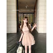 Sorbet微醺 迟伞伞26 裸粉色挂脖蝴蝶结不规则下摆连衣裙短裙
